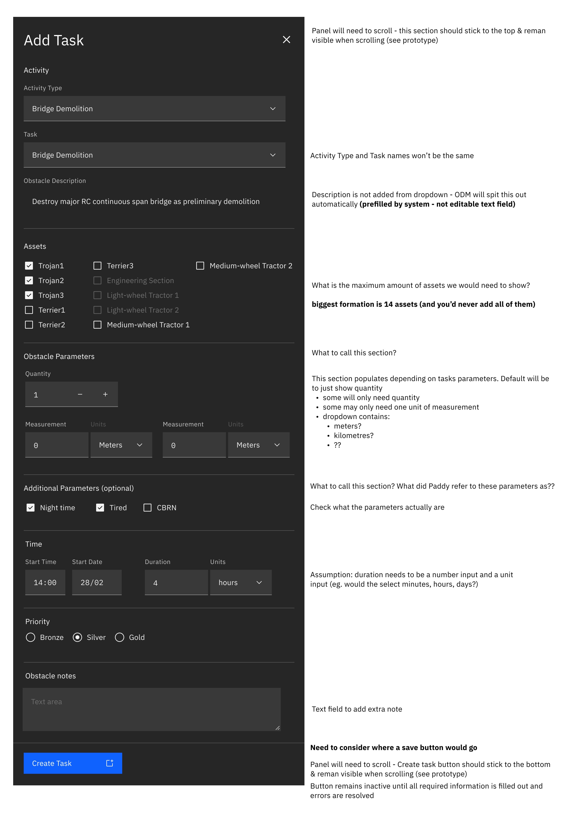 Annotated Add Task panel design with stakeholder notes on activity, assets, and timing