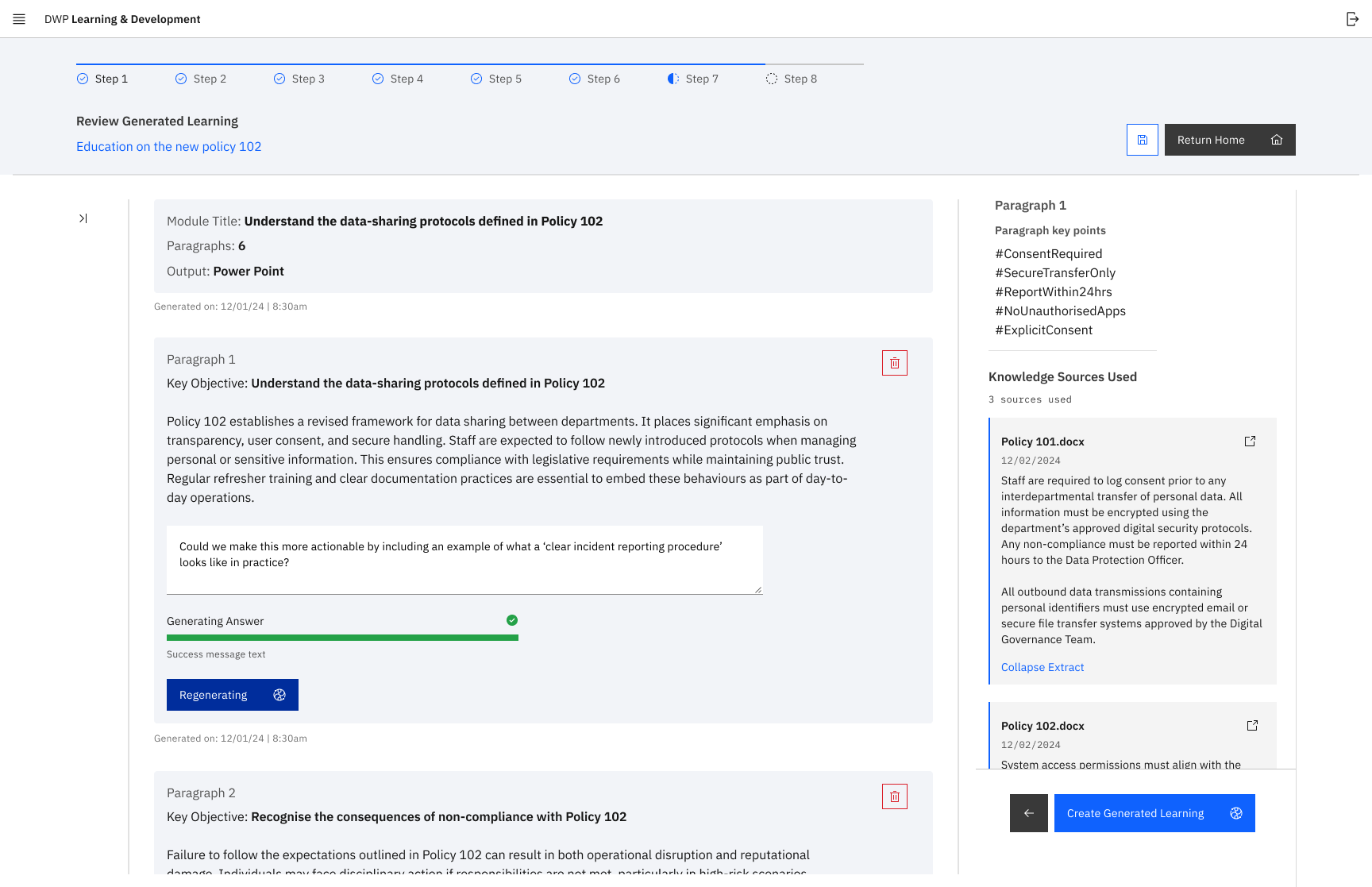 Screenshot of the Review Generated Learning screen, showing paragraph-by-paragraph content review with policy source extracts and a knowledge-sources panel