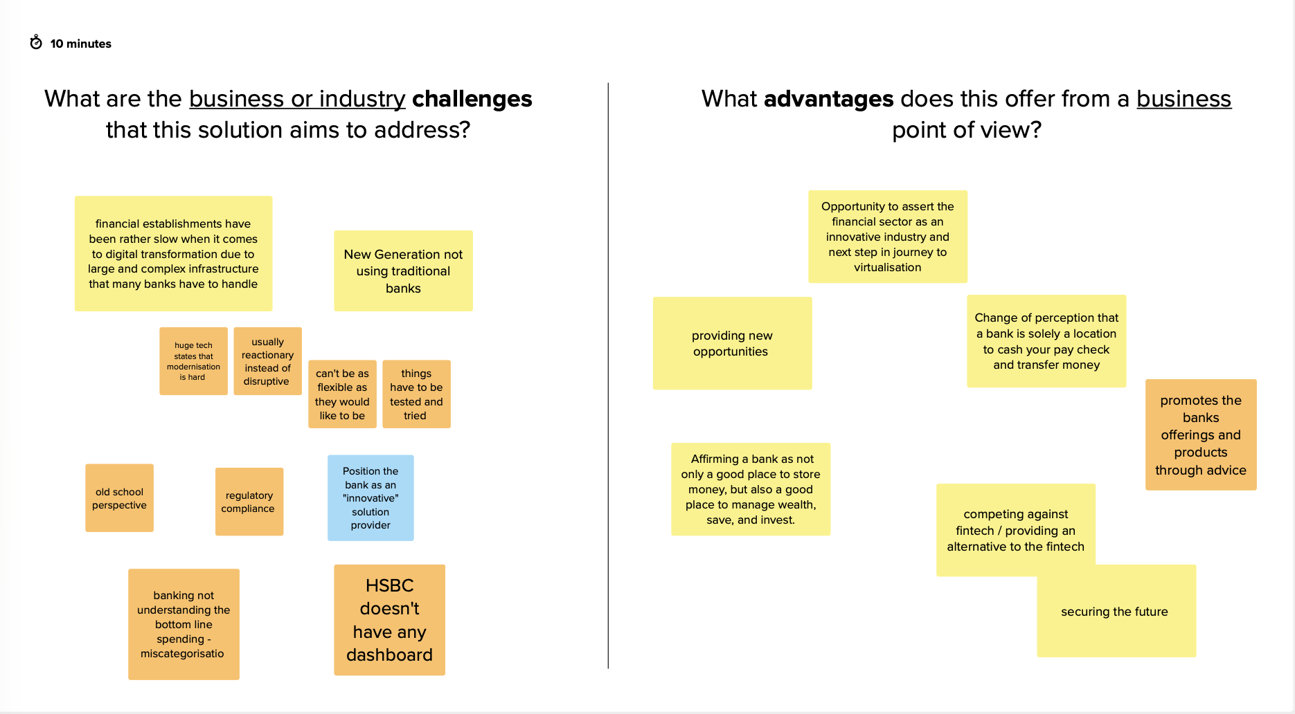 Workshop sticky-note board mapping the business challenges facing HSBC — slow digital transformation, regulatory constraints, competing with fintech — against the business advantages of a new digital coaching solution